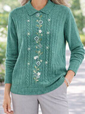 Alfred Dunner Green Floral Embroidered Cable Knit 1X Pullover Sweater